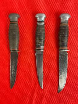 3 pcs Vintage Remington Steel Fixed Blade Boy Scout Knives Models R7, R51 & R71. 1 Leather Sheath.