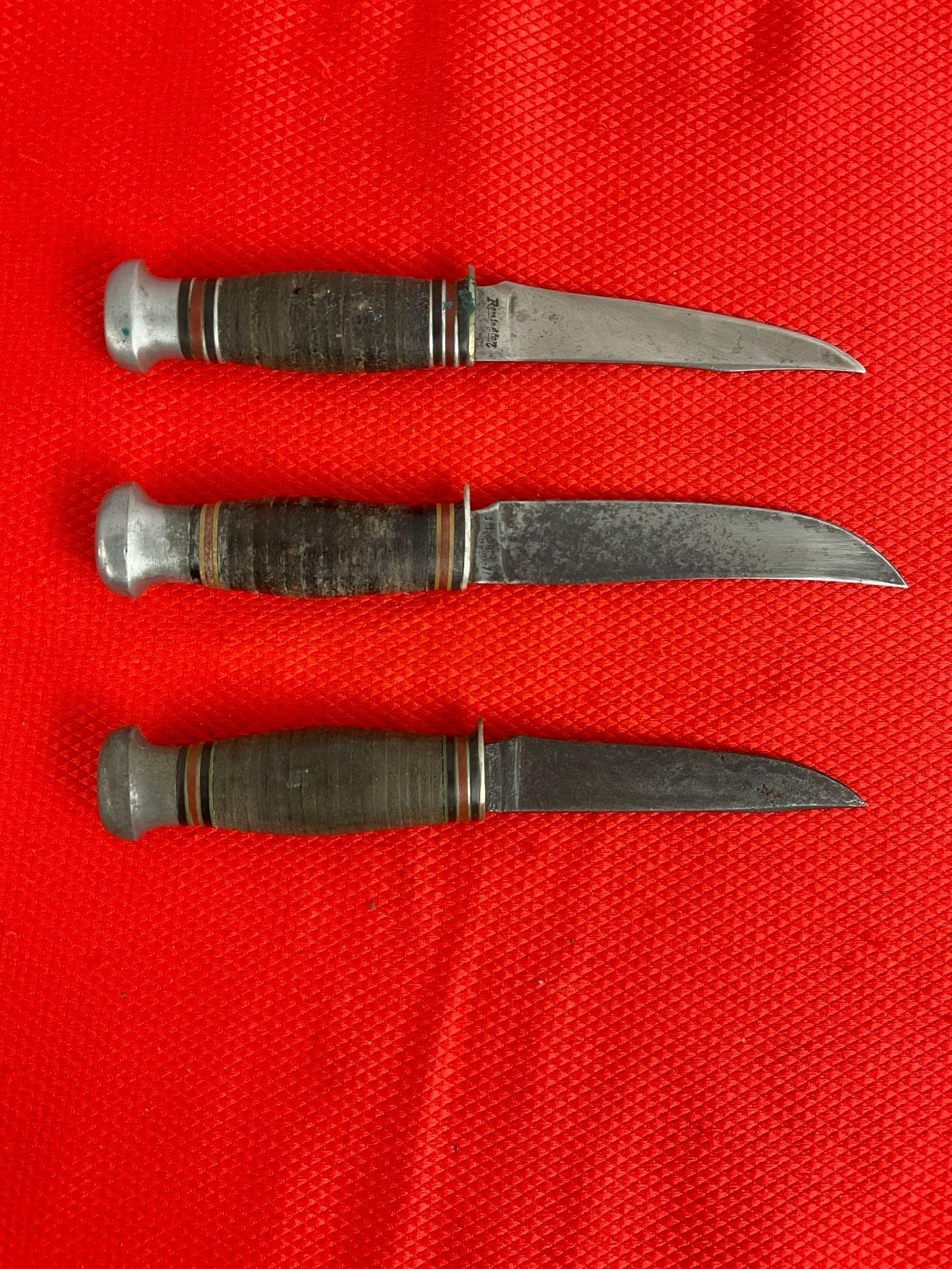 3 pcs Vintage Remington Steel Fixed Blade Boy Scout Knives Models R7, R51 & R71. 1 Leather Sheath.