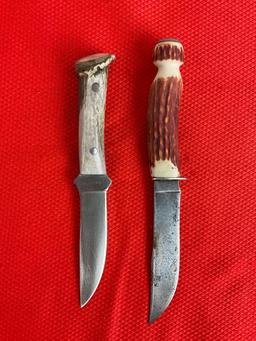 2 pcs Vintage Remington Steel Fixed Blade Hunting Knives Models RH3 & RH73. 1 Sheath. See pics.