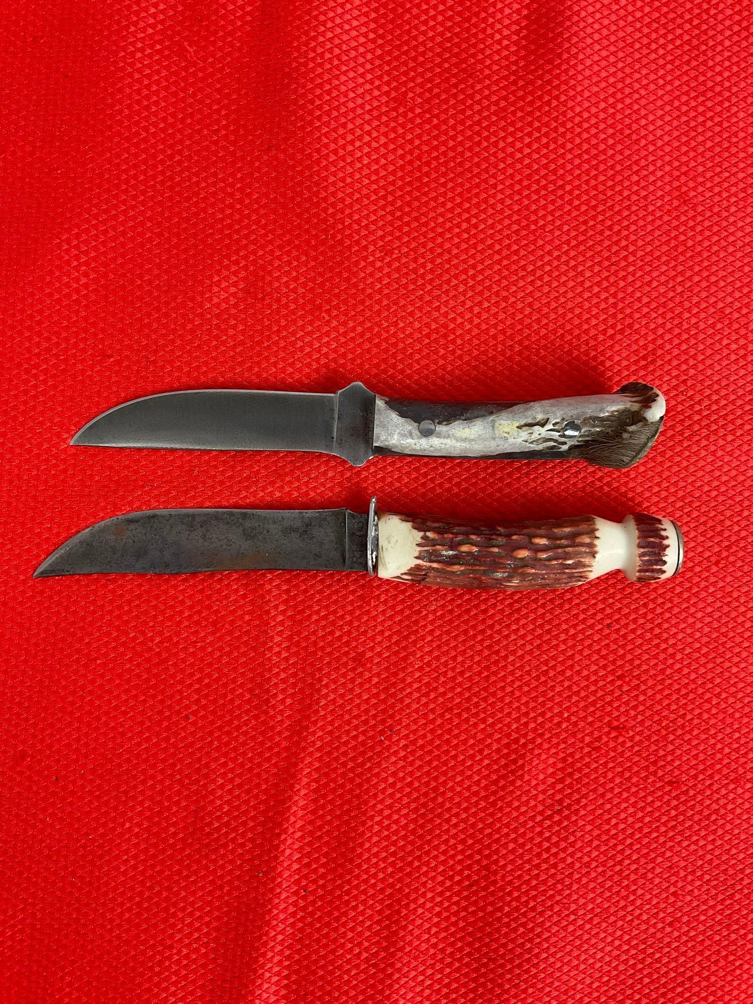 2 pcs Vintage Remington Steel Fixed Blade Hunting Knives Models RH3 & RH73. 1 Sheath. See pics.