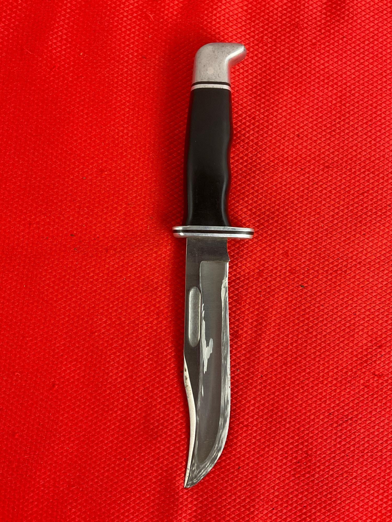 Vintage Buck 6" Steel Fixed Blade Bowie Knife Model 119 w/ Leather Sheath & Composite Handle. See