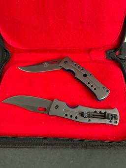 2x New in Box Buck All Metal Folding Pocket Knives - 25yr DA4 - Nice Gray Color w/ Blue Accent