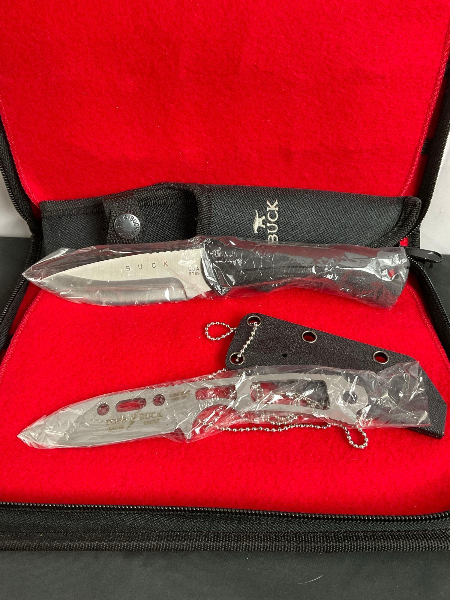 2x New In Box Buck Fixed Blade Knives in Sheathes - Numbered CSAR T 680 & 679 - See pics