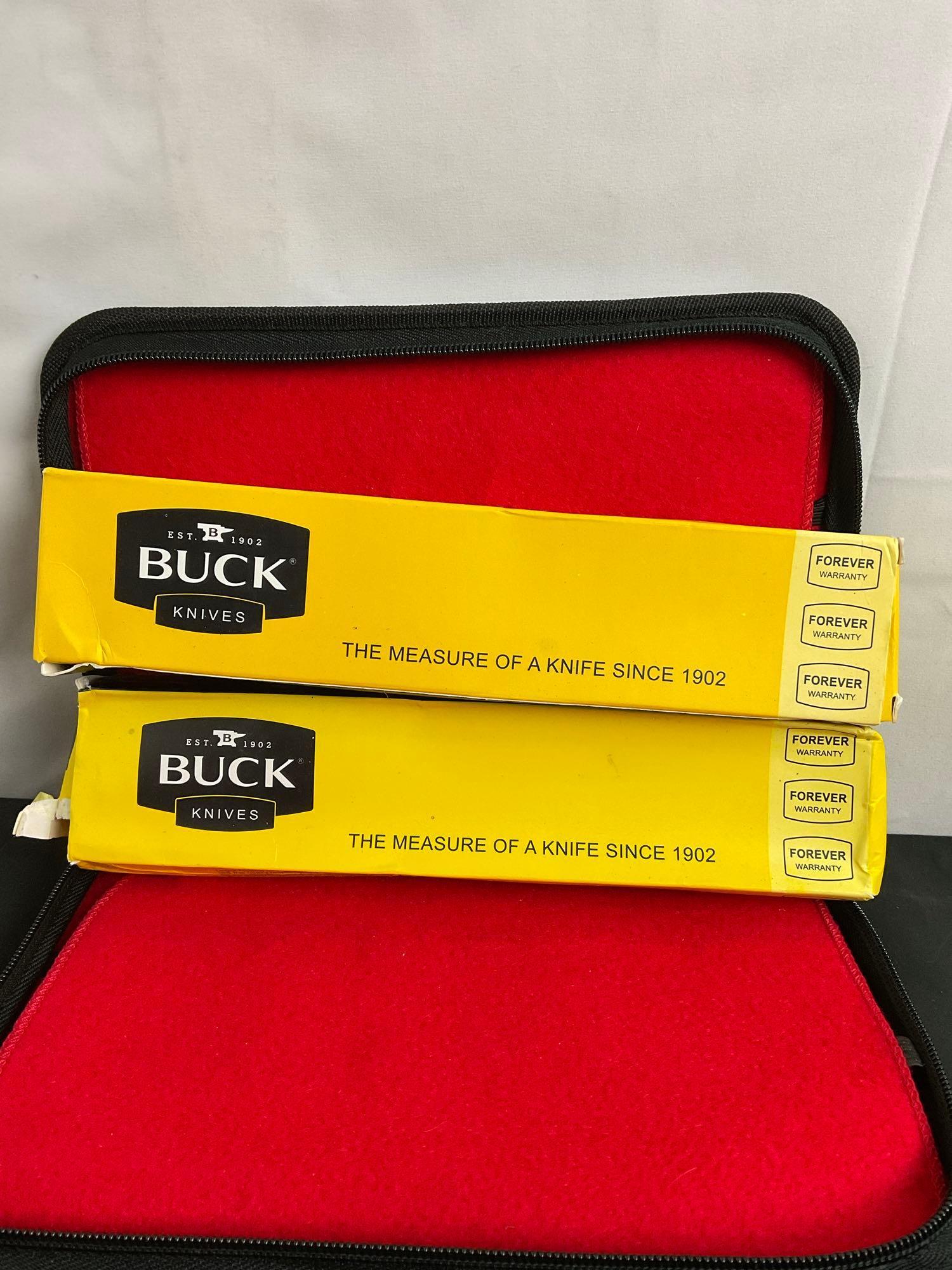2x New In Box Buck Fixed Blade Knives in Sheathes - Numbered RMEF 480 - See pics