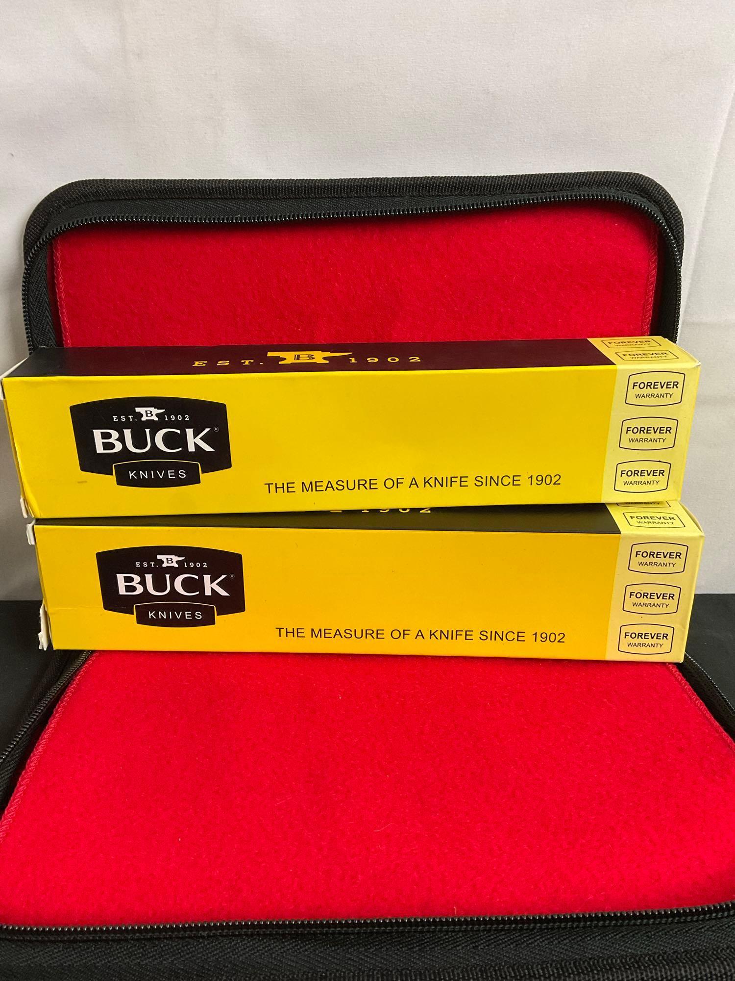 2x New In Box Buck Fixed Blade Knives in Sheathes - Numbered 679 & 113 - See pics