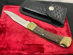 Vintage Buck 110 Folding Hunting Knife, Brass and Wood, w/ Case