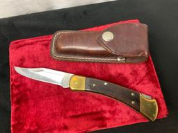 Vintage Buck 110X Folding Hunting Knife, Brass and Wood, w/ Leather Case