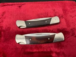 Pair of Vintage Buck Folding Pocket Knives, 2x 501 Squire Knife, Laminate and Stainless Steel