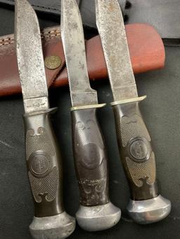 Trio of Vintage Remington Fixed Blade Knives, 2x RH28, & 1x RH29, w/ various sheaths