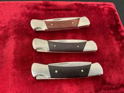 Trio of Vintage Buck Knives 503 Prince Folding Pocket Knife, Nickel Silver & Wooden Handle