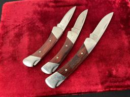 Trio of Vintage Buck Folding Pocket Knives, 1x 503 Prince & 2x 505 Knight, wooden handles