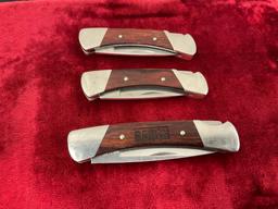 Trio of Vintage Buck Folding Pocket Knives, 1x 503 Prince & 2x 505 Knight, wooden handles