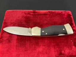 Vintage Western Folding Pocket Knife, S-532, engraved blade with buck scene, metal and wooden han...