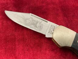 Vintage Western Folding Pocket Knife, S-533, engraved blade with duck scene, metal and wooden han...