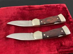 Pair of Vintage Western Folding Knives, Model S-522, Engraved Quail Scene on blades, wooden handles