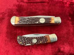 Pair of Vintage Remington Folding Knives, R-5 Gentlemen & R-12 Trapper, delrin faux horn handles