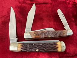 Pair of Vintage Remington Folding Knives, R-8 Stockman & R-12 Trapper, delrin faux horn handles