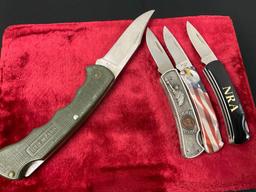 4x Buck Folding Pocket Knives, Models 422, 525, & 825, patriotic handles