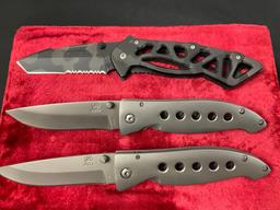 Trio of Modern Buck Knives, 2x Model 174 & 1x Model 870, aluminum construction