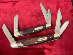 Pair of Vintage Buck Stockman Folding Pocket Knives, 371 & 373, Brass Bolsters and Wooden Handles