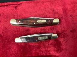 Pair of Vintage Buck Stockman Folding Pocket Knives, 371 & 373, Brass Bolsters and Wooden Handles