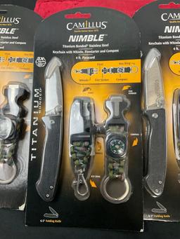 Trio of NIB Camillus Nimble Survival Knife Sets w/ Keychain, Whistle, Compass, & Firestarter