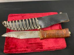 Vintage Original Bowie Knife w/ Stacked Leather Handle & handmade sheath
