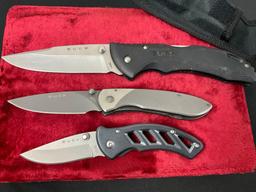 Trio of Modern Buck Folding Knives, Models 286, 216, 327, Stainless Steel Blades