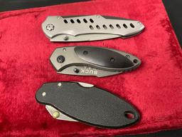 Trio of Modern Buck Folding Pocket Knives, x11, 199 & 430, stainless steel blades