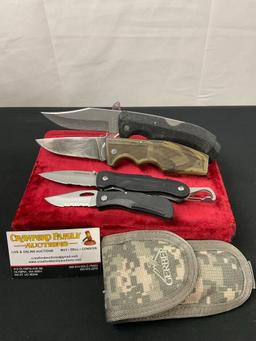 4x Folding Pocket Knives, Leatherman C33X, Trio of Gerber models 425, 850, & 900