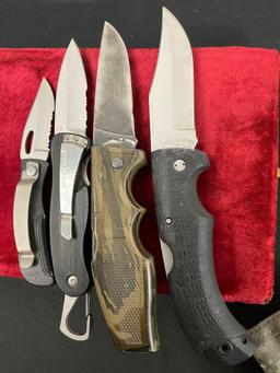 4x Folding Pocket Knives, Leatherman C33X, Trio of Gerber models 425, 850, & 900
