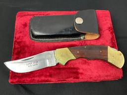 Large Brass Steel & Wood Folding Knife, Pakistani Buck style Super Stud SFB 4406, 3.75 in blade