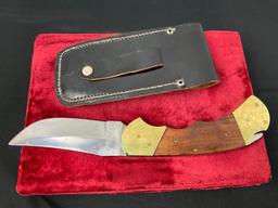 Large Brass Steel & Wood Folding Knife, Pakistani Buck style Super Stud SFB 4406, 3.75 in blade