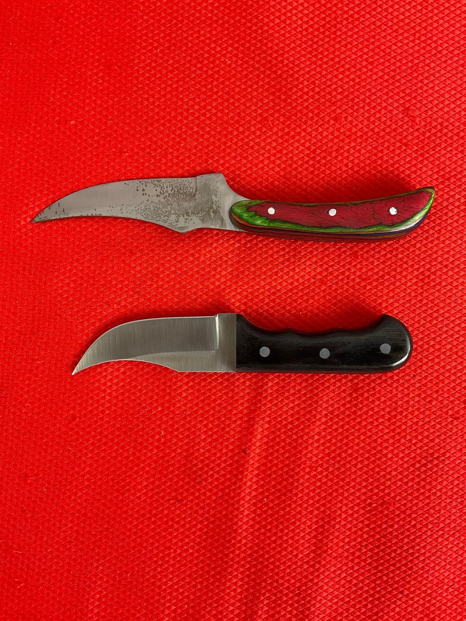 2 pcs Steel Fixed Blade Skinner Knives w/ Wooden Handles, Models 203240-MC & 211187. See pics.