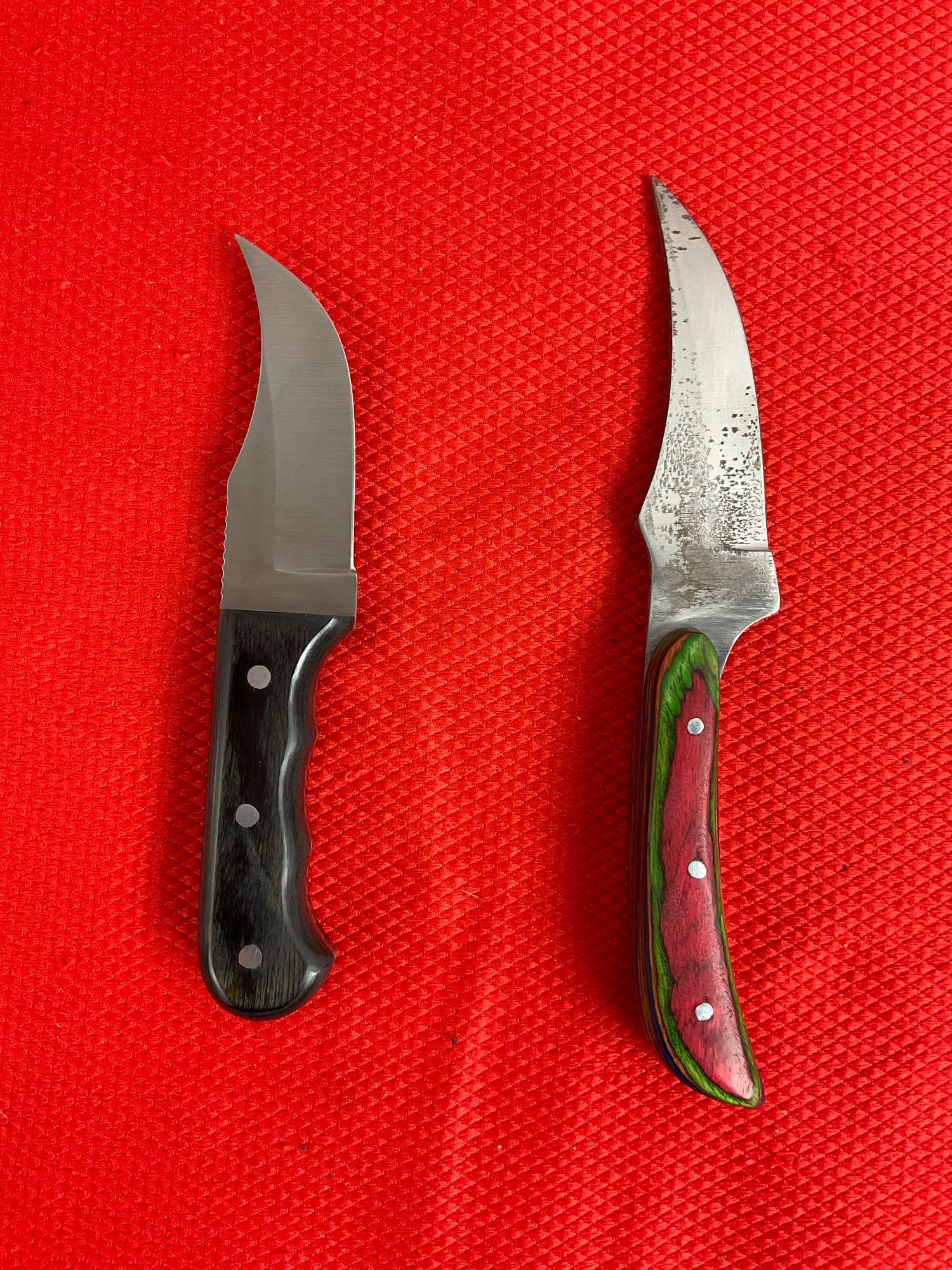 2 pcs Steel Fixed Blade Skinner Knives w/ Wooden Handles, Models 203240-MC & 211187. See pics.