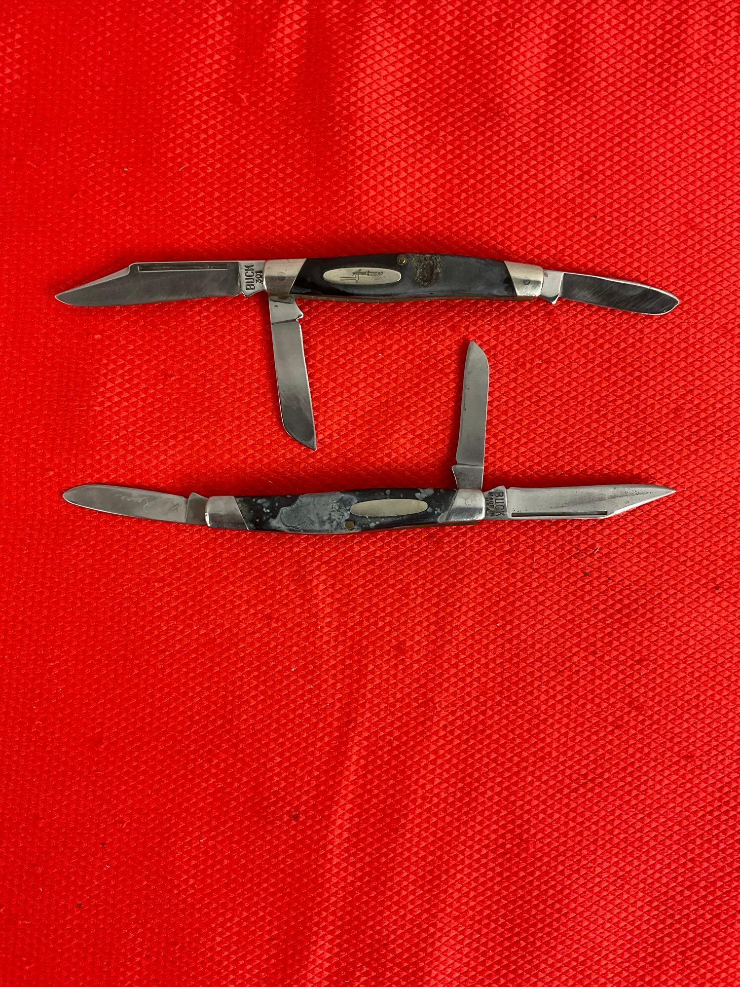 2 pcs Vintage Buck 3" Steel Folding 3-Blade Stockman Pocket Knife Model 301 w/ Delrine Handles. See