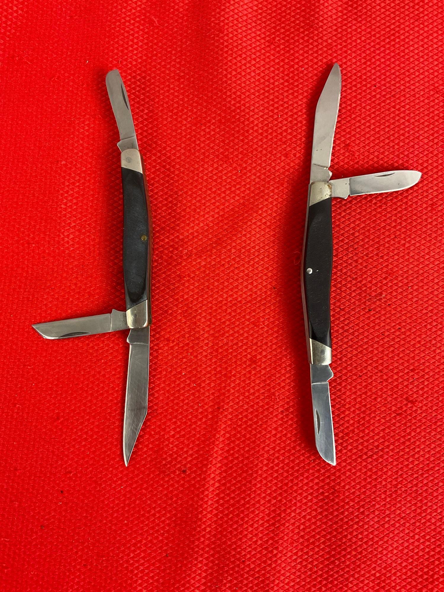 2 pcs Vintage Buck 3" Steel Folding 3-Blade Stockman Pocket Knife Model 301 w/ Delrine Handles. As