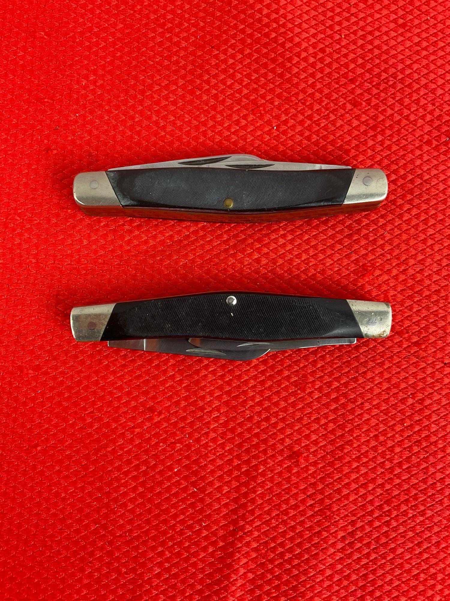 2 pcs Vintage Buck 3" Steel Folding 3-Blade Stockman Pocket Knife Model 301 w/ Delrine Handles. As