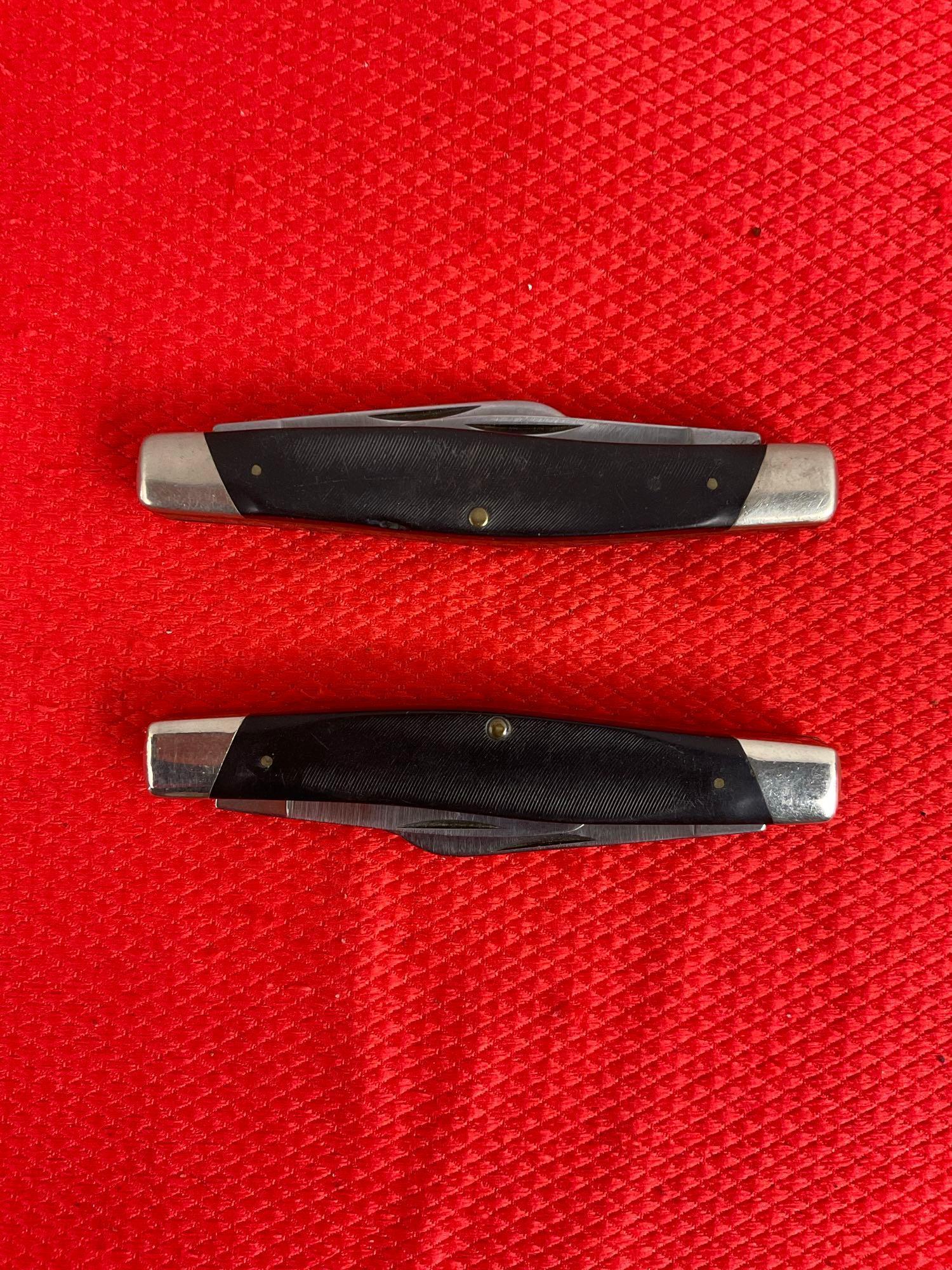 2 pcs Vintage Buck 3" Steel Folding 3-Blade Stockman Knives w/ Delrine Handles. No Number. See pi...