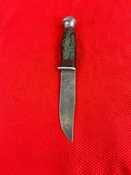 Vintage KINSFOLK 4" Steel Fixed Blade Hunting Knife w/ Marbled Green Resin Handle & Sheath. See
