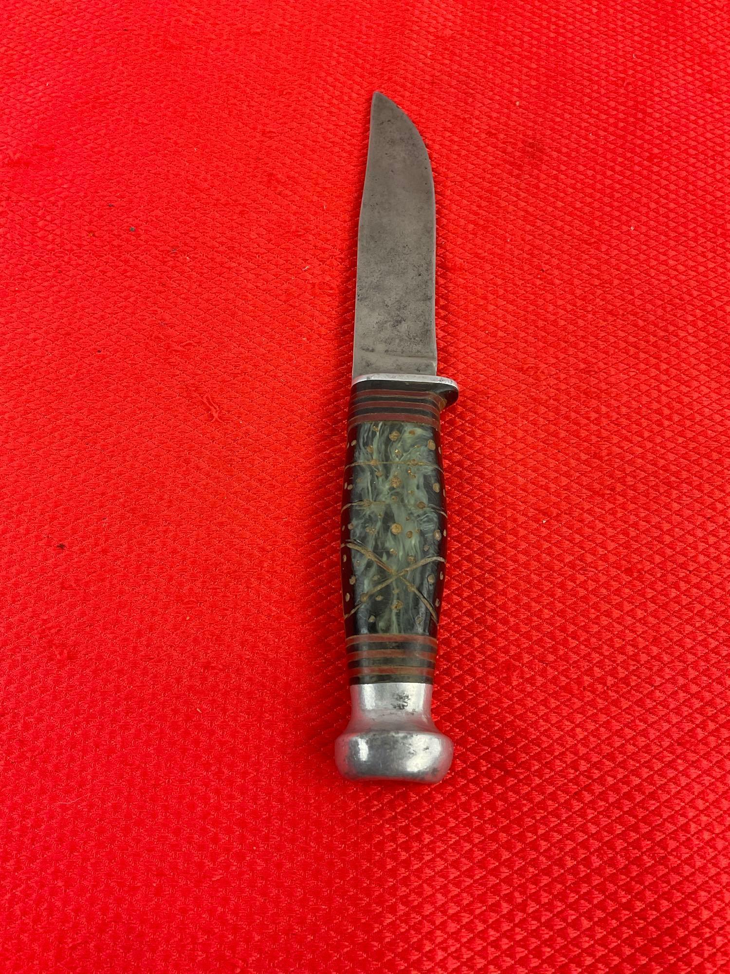 Vintage KINSFOLK 4" Steel Fixed Blade Hunting Knife w/ Marbled Green Resin Handle & Sheath. See