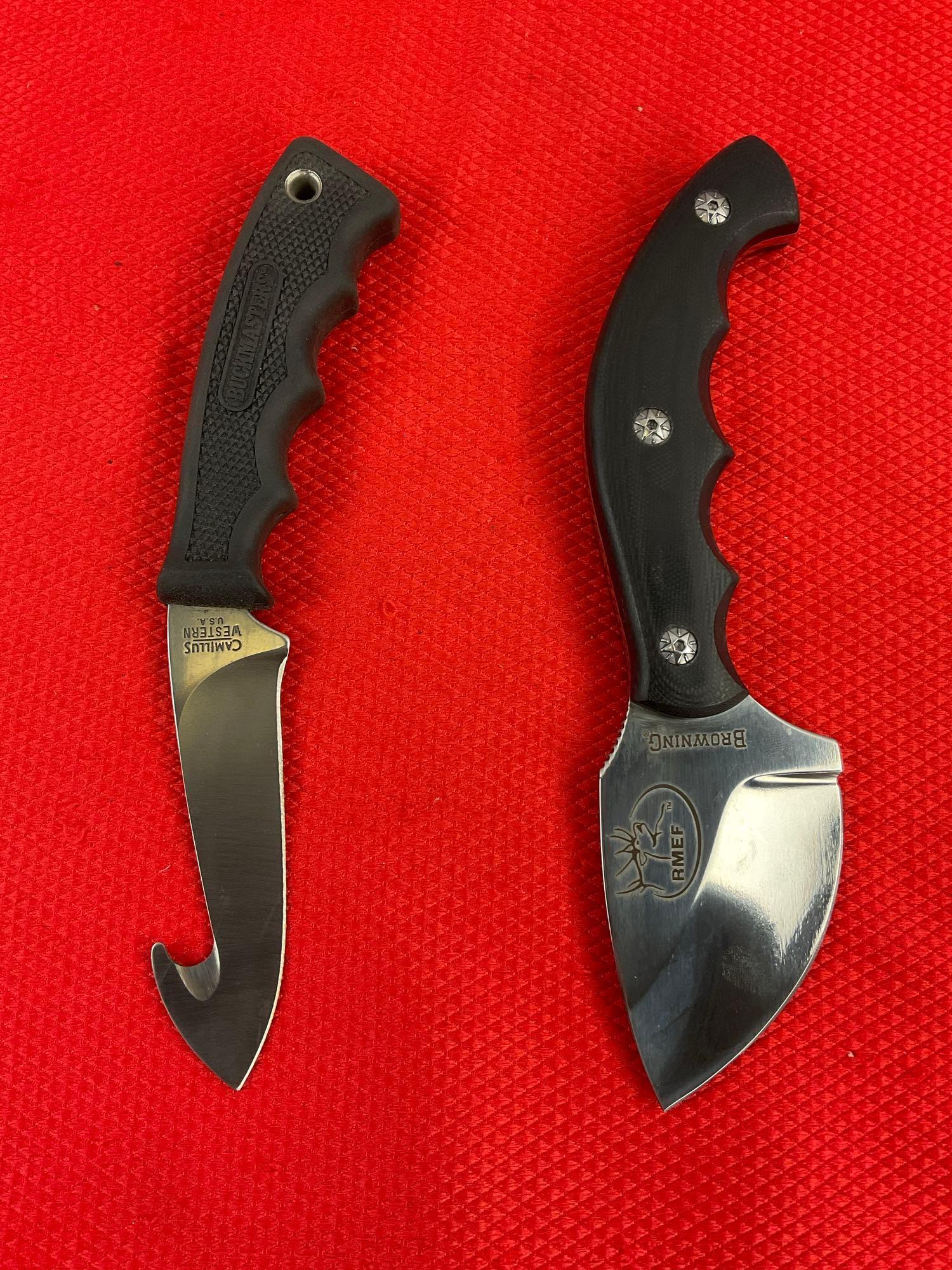 2 pcs Steel Fixed Blade Skinning Knives w/ Sheathes. Camillus Buckmaster & Browning 0024. See pics.