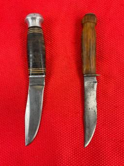 2 pcs Vintage Steel Fixed Blade Hunting Knives w/ Sheathes. Remington RH73 & Kinfolks K380. See
