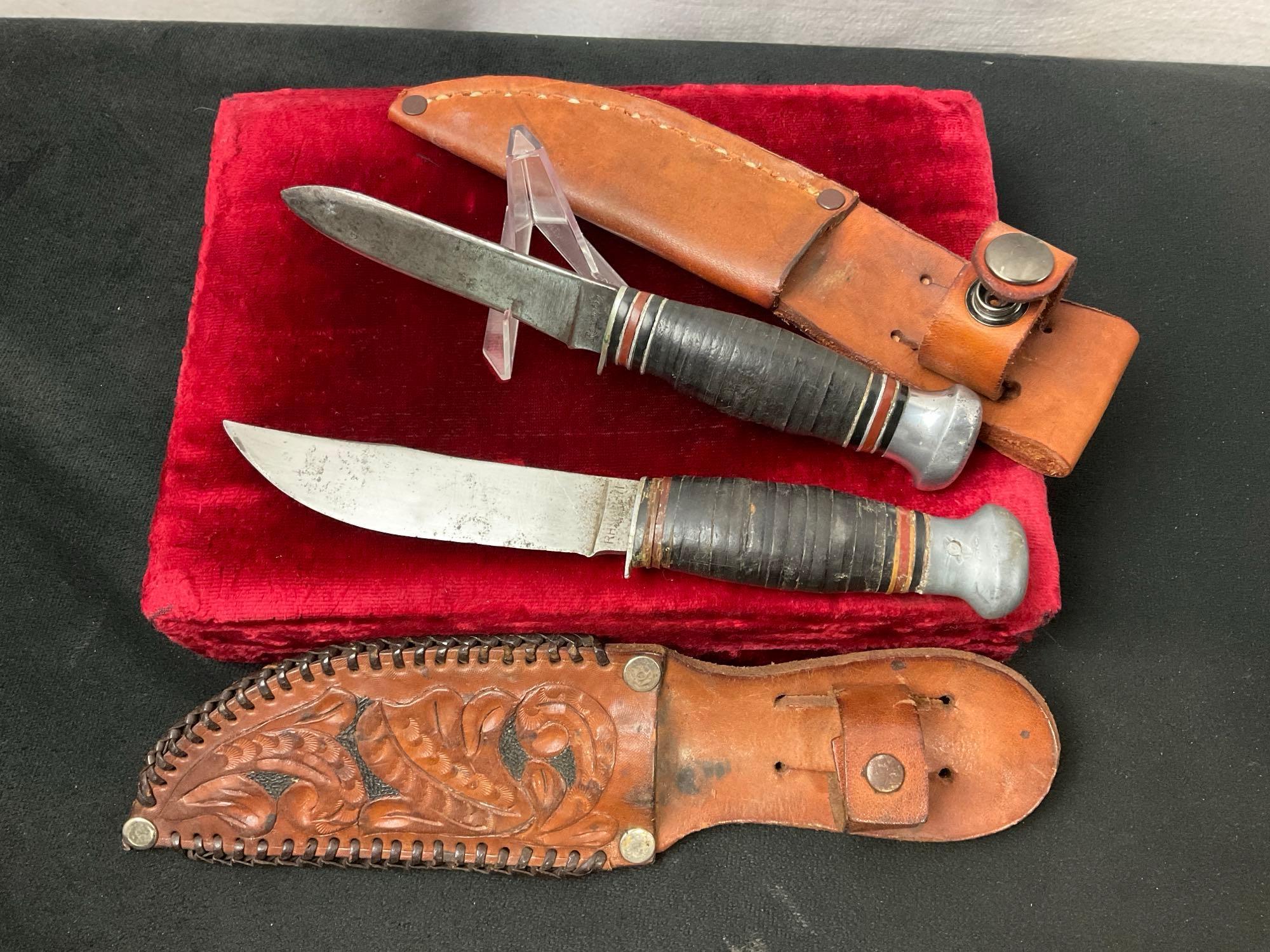 Pair of Vintage Remington Fixed Blade Knives, 1x RH-51 & 1x RH-71 w/ leather sheaths, 1 w/ fine w...
