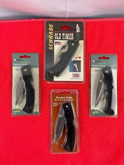 4 pcs Steel Folding Blade Pocket Knives. 1x Schrade 43OTCP & 3x Ozark Trail 3074. NIB. See pics.