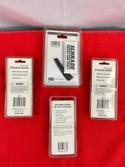 4 pcs Steel Folding Blade Pocket Knives. 1x Schrade 43OTCP & 3x Ozark Trail 3074. NIB. See pics.