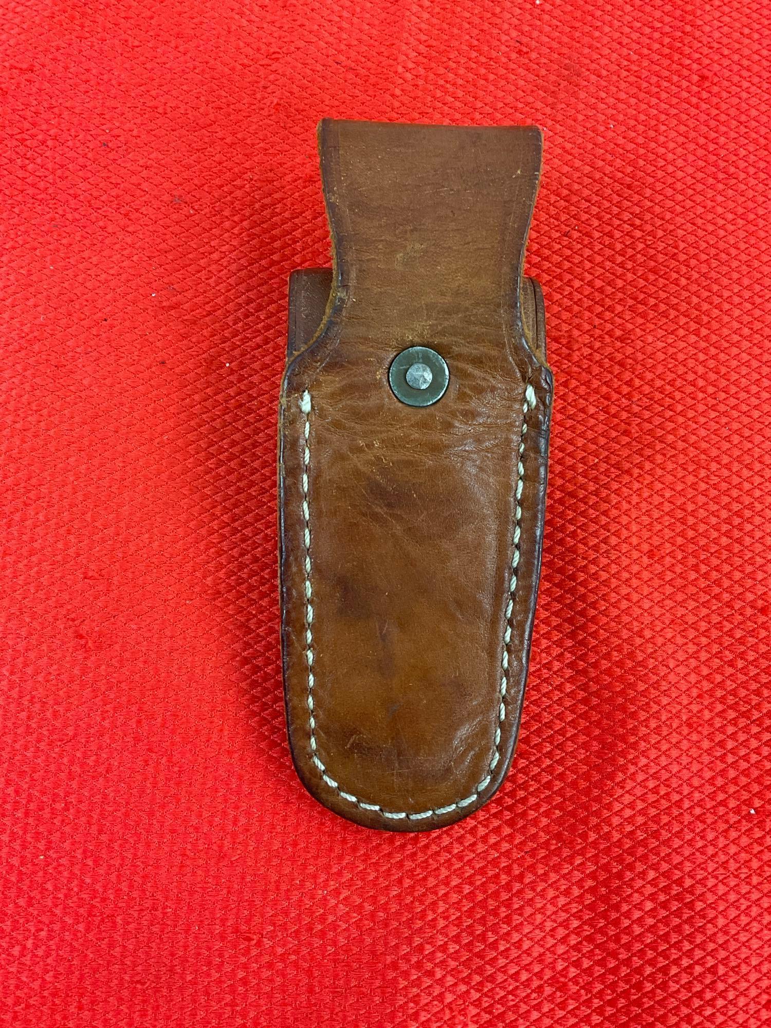 Vintage Western 3" Steel Folding Blade Pocket Knife S-532B w/ Etched Cougar & Original Sheath. See