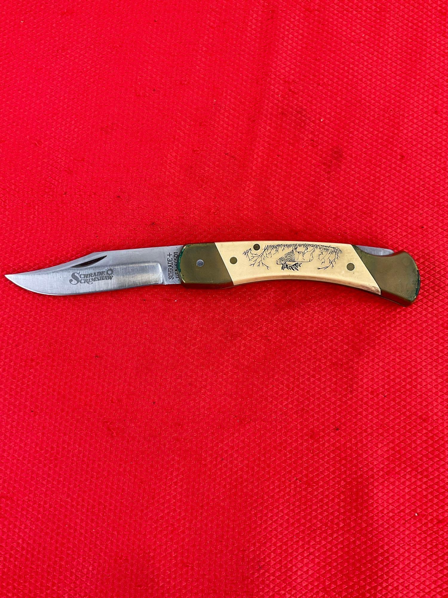 Vintage Schrade+ 3.5" Steel Folding Blade Pocket Knife Model SC507 w/ Etched Elk & Sheath. See pi...
