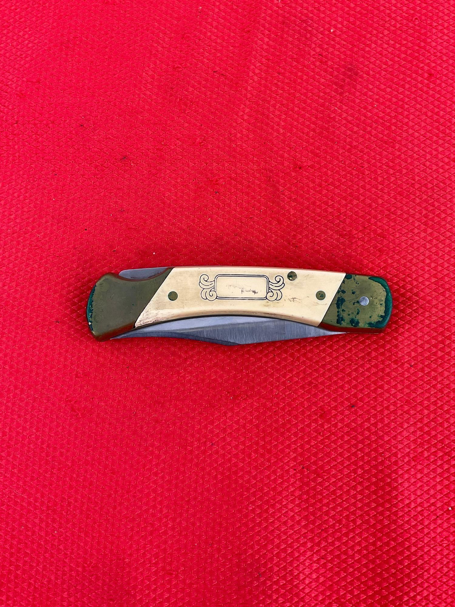 Vintage Schrade+ 3.5" Steel Folding Blade Pocket Knife Model SC507 w/ Etched Elk & Sheath. See pi...