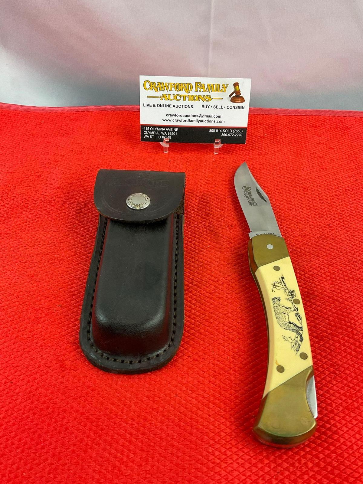 Vintage Schrade+ 3.5" Steel Folding Blade Pocket Knife Model 507SC w/ Etched Cougar & Sheath. See